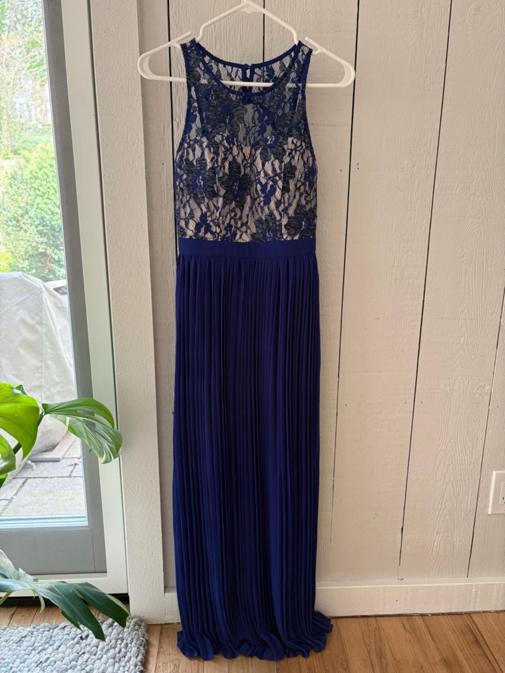 Blue Lace & Pleated Chiffon Evening Gown